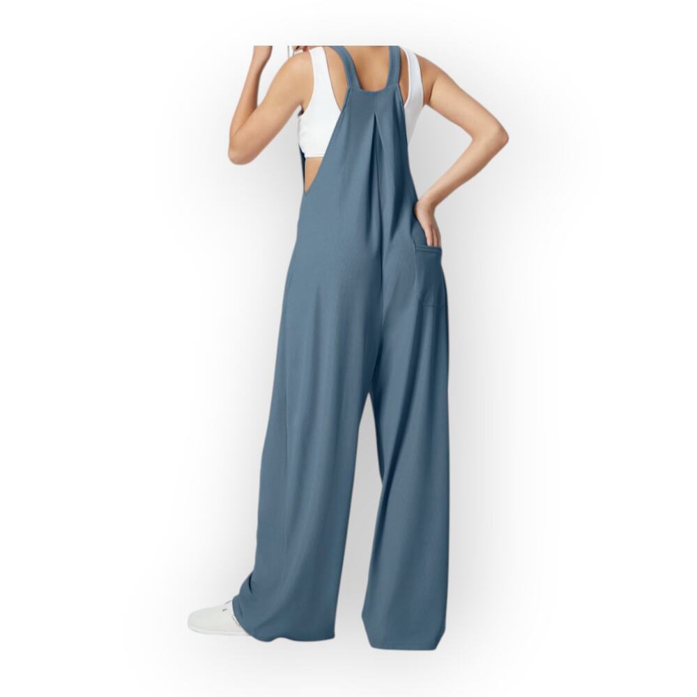 Halara Waffle Wide Leg Overalls Blue Pocket Jumpsuit L Casual Minimalist Lounge - Picture 5 of 11